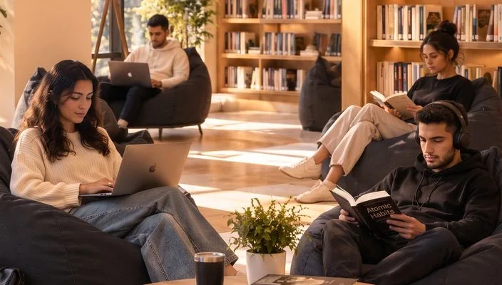 Coin lecture de bibliothèque avec des poufs