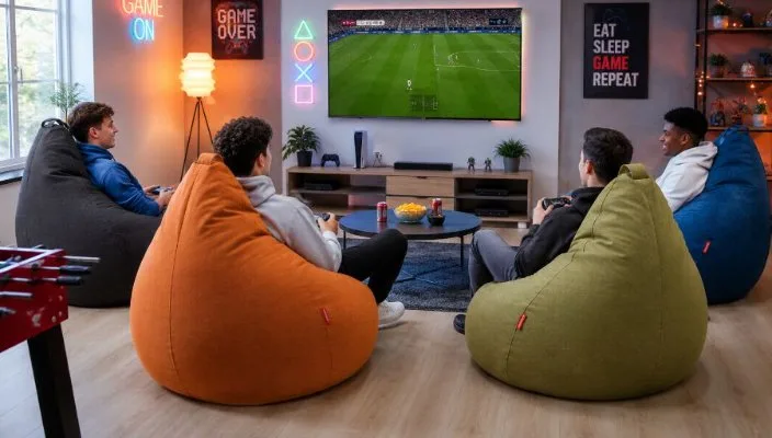 Salle de jeux avec des poufs face à un écran
