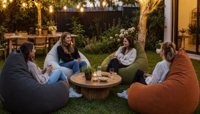 Terrasse de jardin en soirée avec des poufs outdoor